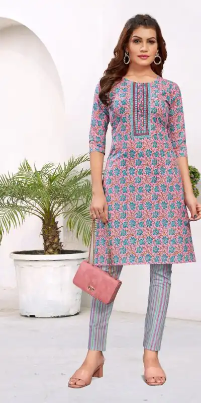 Sublime Light Purple Cambric Cotton Print Embroidery Work Kurti