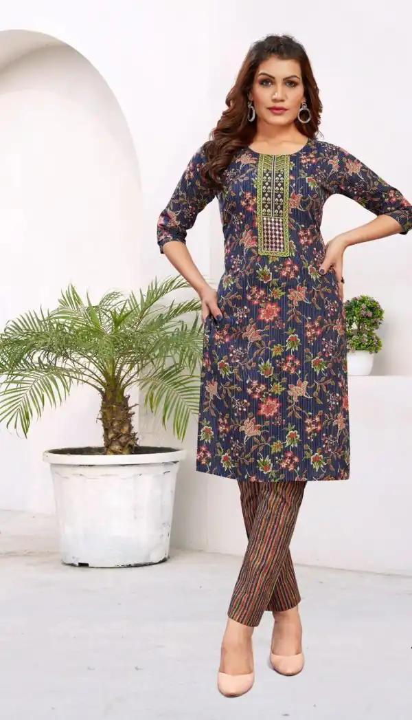 Sublime Royal Blue Cambric Cotton Print Embroidery Work Kurti