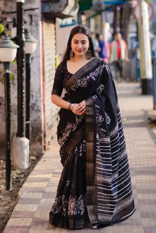 Superb Black Color Plain Linen Digital Printed All Over Saree