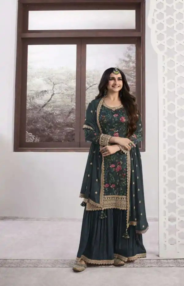 Superb Green Vichitra Digital Print Embroidery Work Salwar Suit