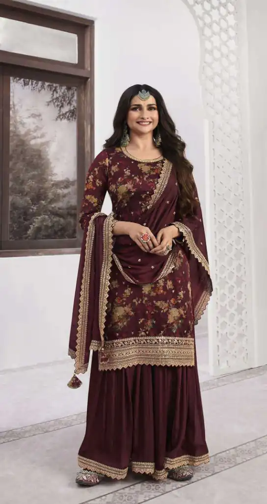 Superb Maroon Color Vichitra Digital Print Embroidery Salwar Suit