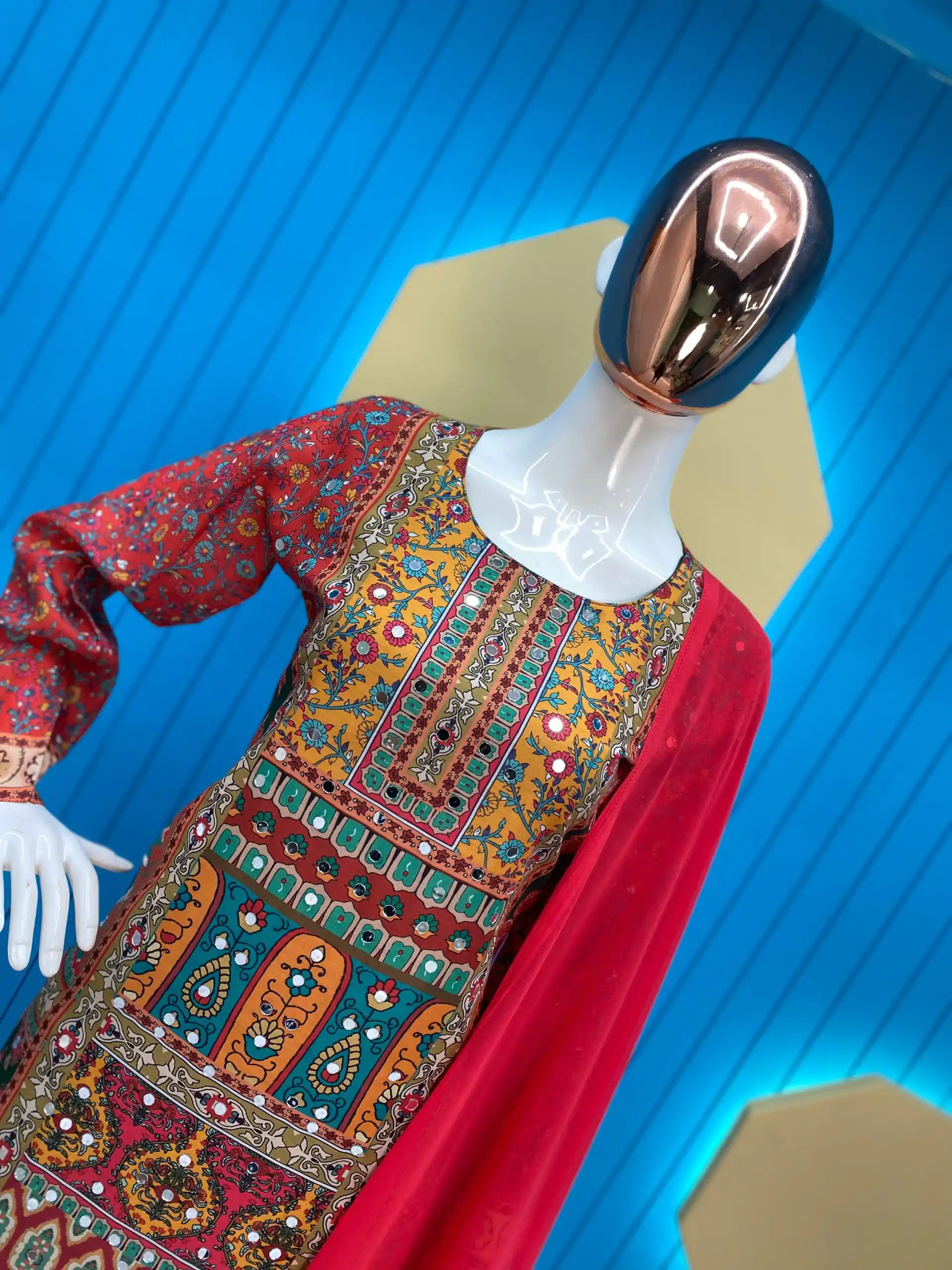 Superb Pink Color Maslin Printed Real Mirror Work Salwar Suit - Image 6