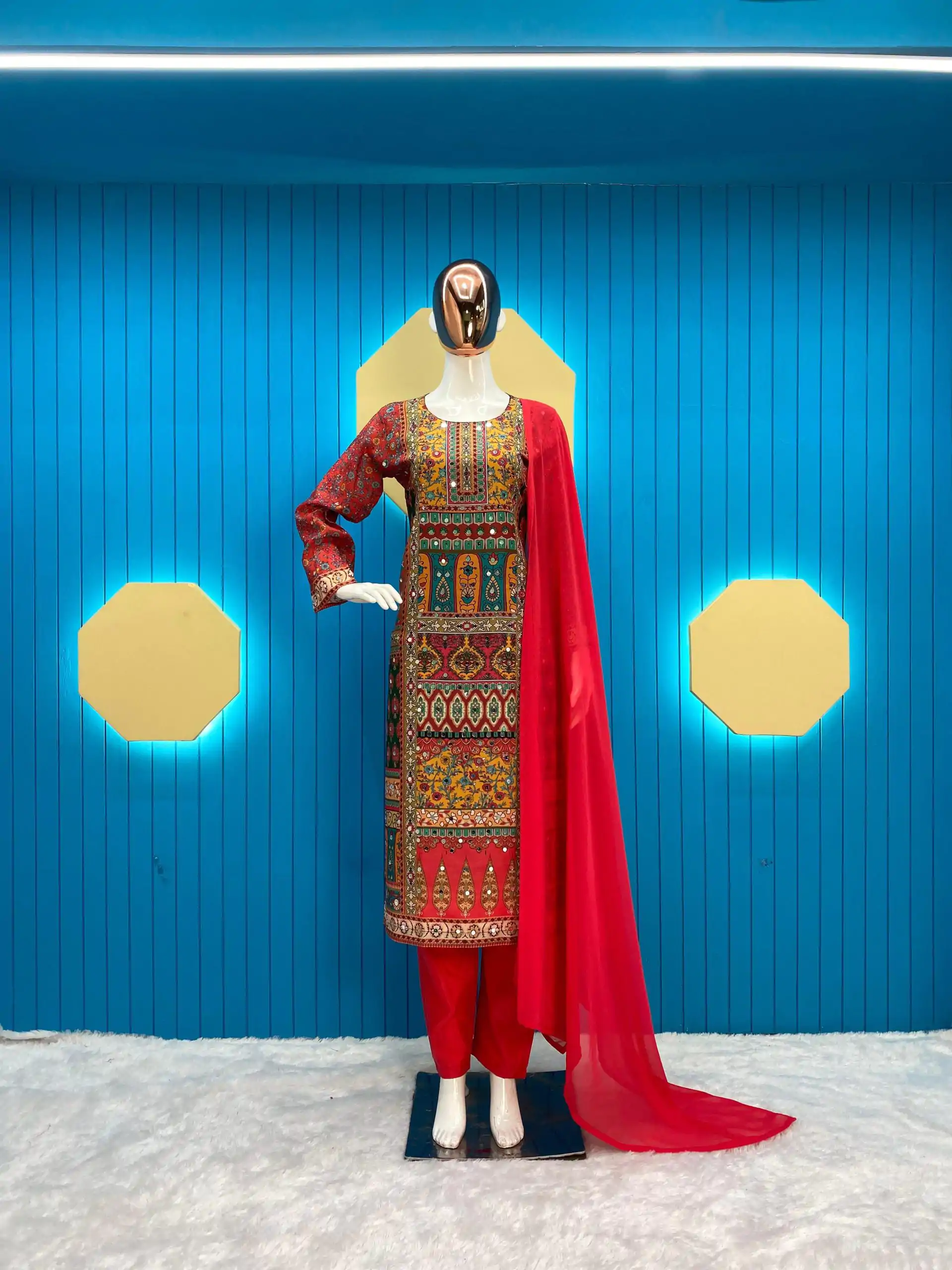 Superb Pink Color Maslin Printed Real Mirror Work Salwar Suit - Image 5