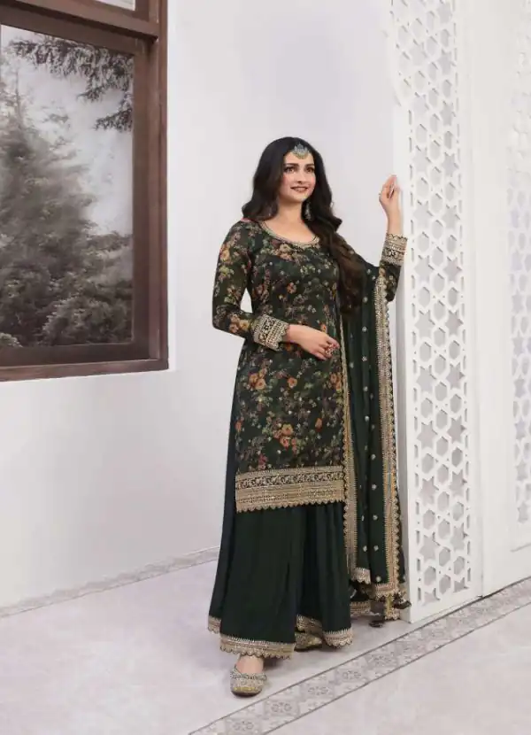 Superb Stone Green Vichitra Digital Print Embroidery Salwar Suit