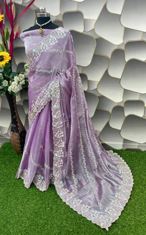 Aglow Purple Color Jimi Choo Silk Beautiful Embroidery Saree