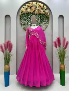 Dazzling Pink Color Faux Georgette Thread Sequence Gown