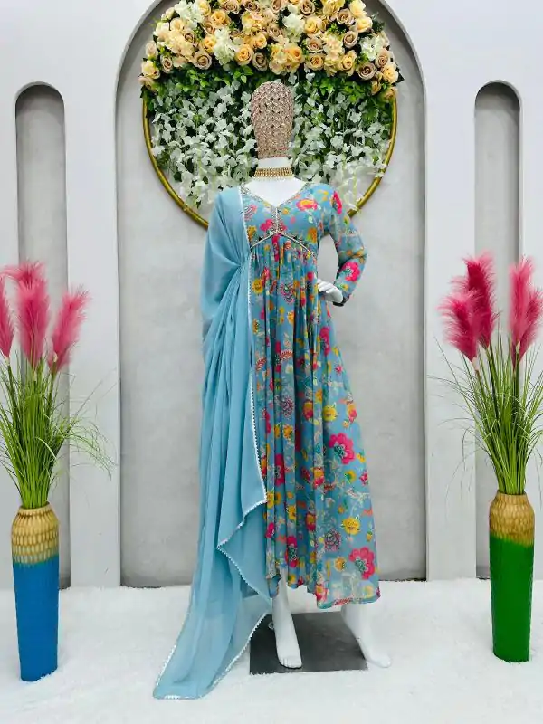 Elegant Blue Color Georgette Digital Printed Work Salwar Suit
