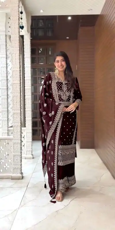 Grand Coffee Color Chinnon Embroidery Sequence Salwar Suit