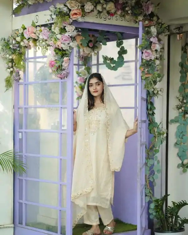 Grand Cream Color Organza Cording Embroidery Salwar Suit