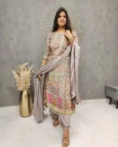 Majestic Grey Color Maslin Printed And Coin Work Salwar Suit