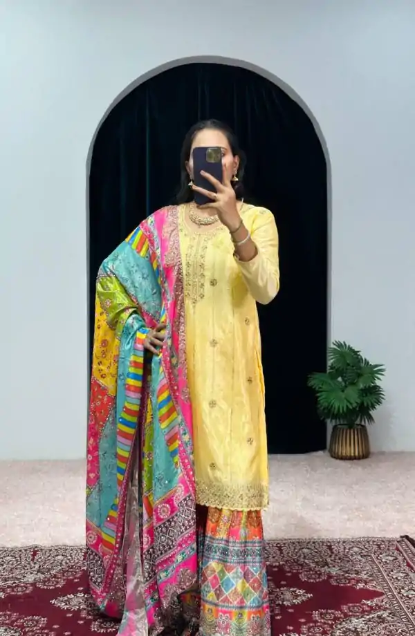 Mesmerizing Yellow Color Chinon Embroidery Work Salwar Suit