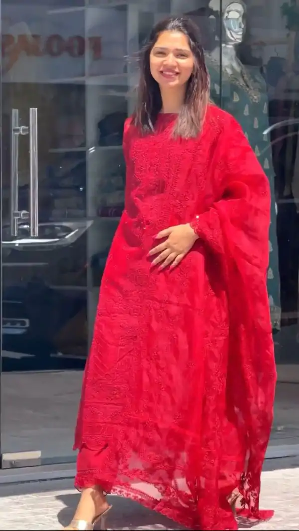 Perfect Red Color Georgette Embroidery Work Sharara Suit
