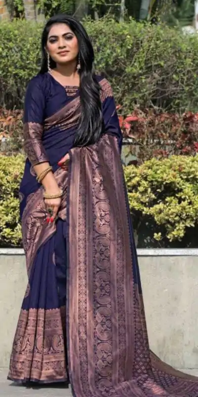 Pretty Navy Blue Color Soft Lichi Silk Jacquard All Over Saree