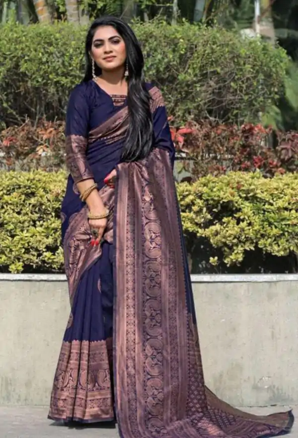 Pretty Navy Blue Color Soft Lichi Silk Jacquard All Over Saree