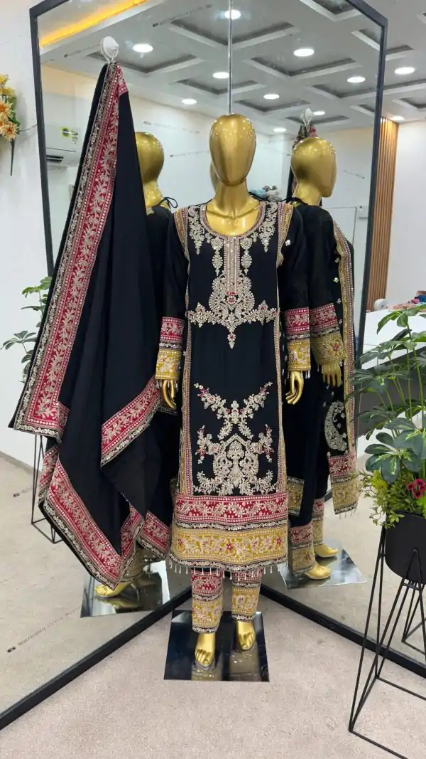 Special Black Color Chinnon Silk Embroidery Work Salwar Suit