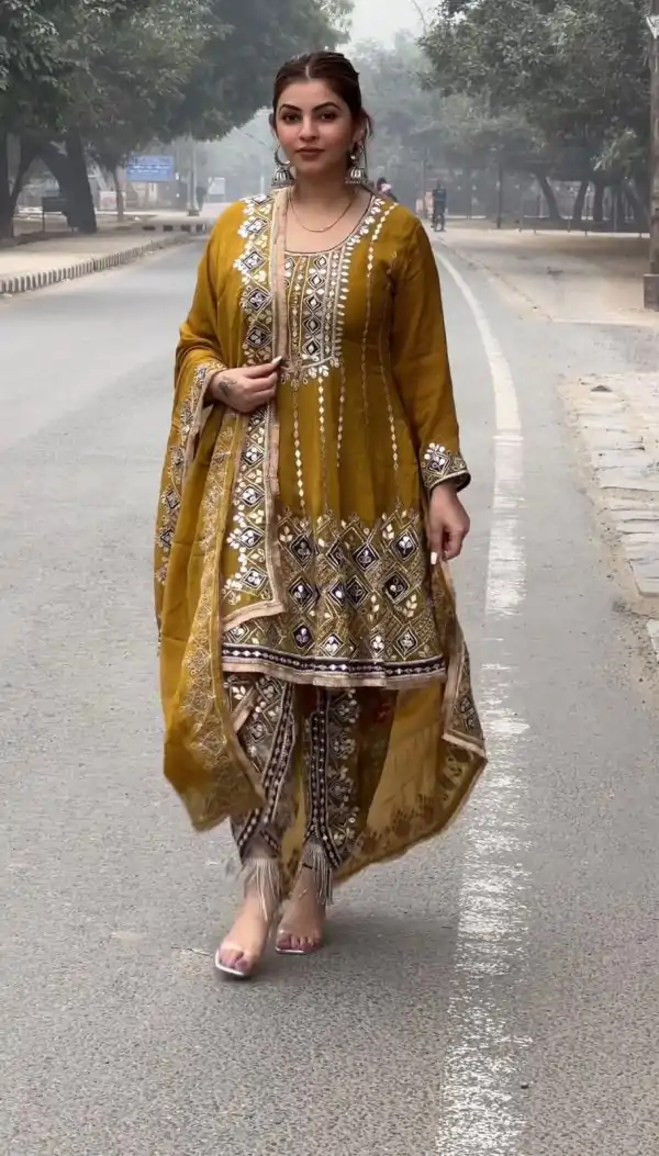 Special Mustard Color Chinon Silk Sequence Thread Salwar Suit