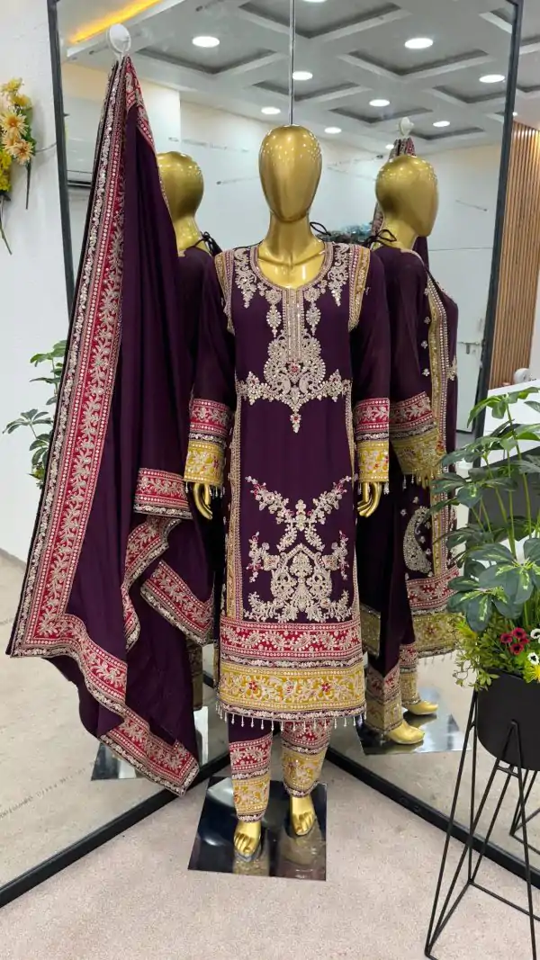 Special Purple Color Chinnon Silk Embroidery Work Salwar Suit