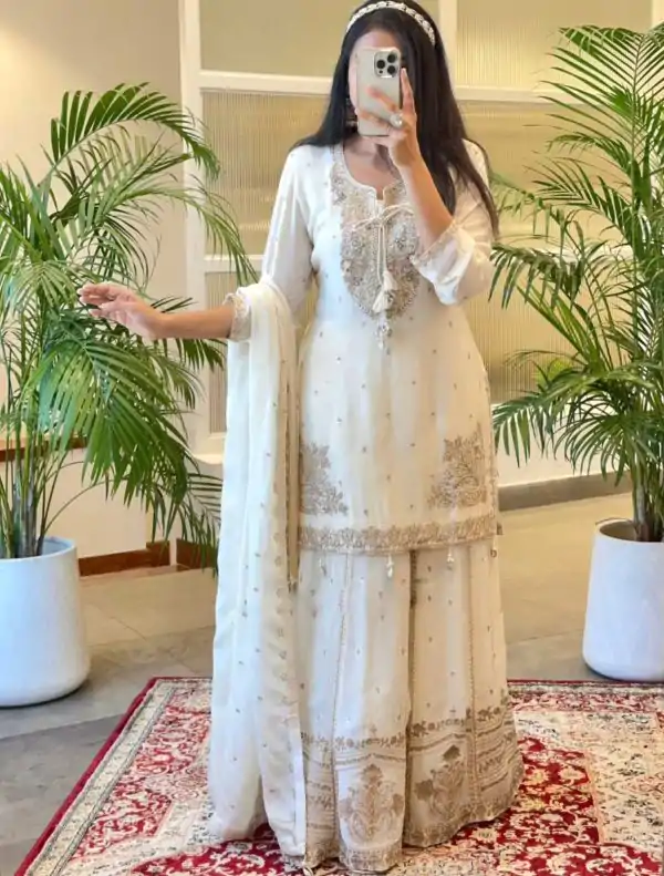 Sublime White Color Chinnon Silk Embroidery Work Salwar Suit