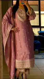 Superb Peach Color Chinnon Silk Embroidery Salwar Suit