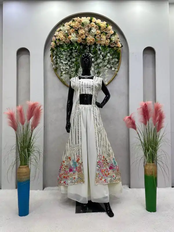 Superb White Color Georgette Thread Sequence Salwar Suit