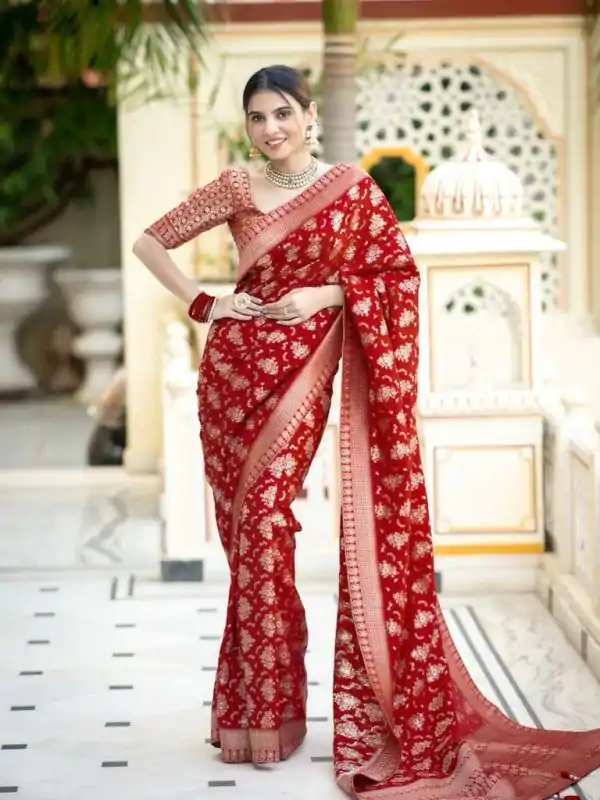 KP 5079 Red Color Soft Lichi Silk Jacquard On All Over Saree Casual, Party Wear, Wedding, Events Etc. Expected Delivery 4-6 Working Days @1449/- | Designer Sarees, Sarees, Bollywood Sarees, Creative Sarees, Embroidered Sarees, Ethnic Saree, Modern Digital sarees, Party Wear Sarees