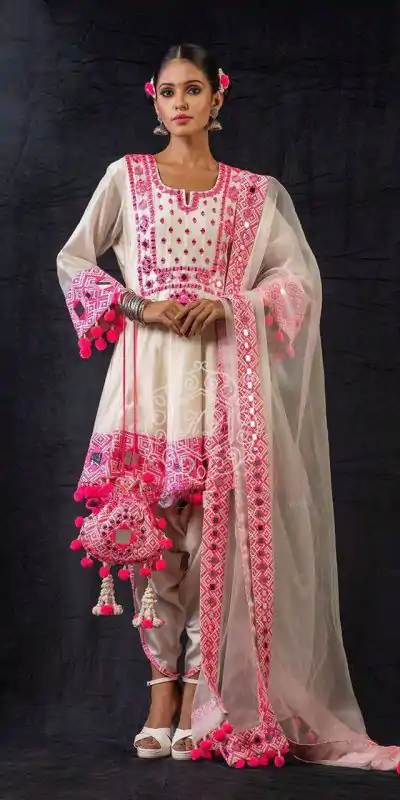 Aglow Cream Rajwadi Silk Embroidery Real Mirror Salwar Suit