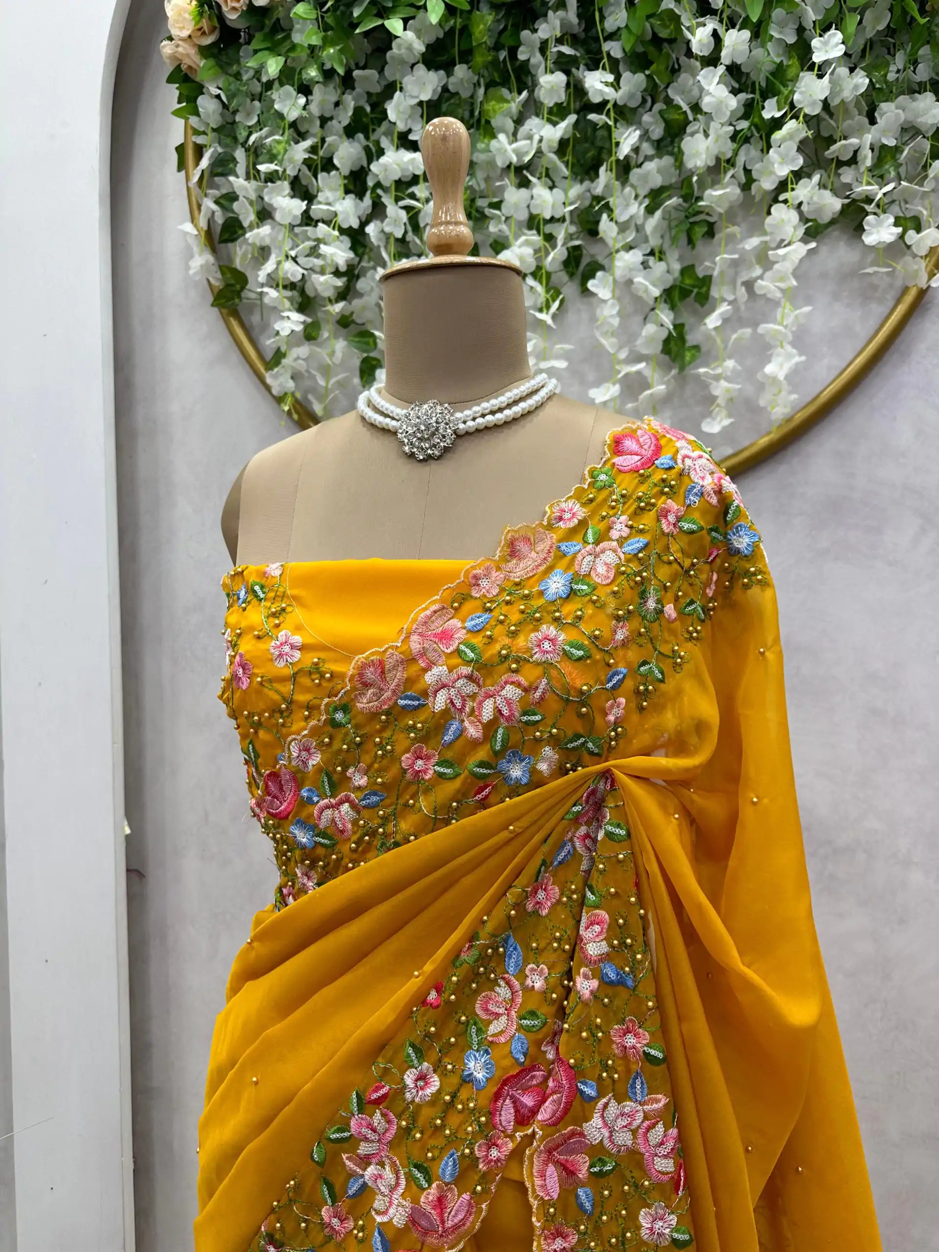 Beautiful Yellow Color Tabby Silk Thread Sequence Work Saree - Image 2
