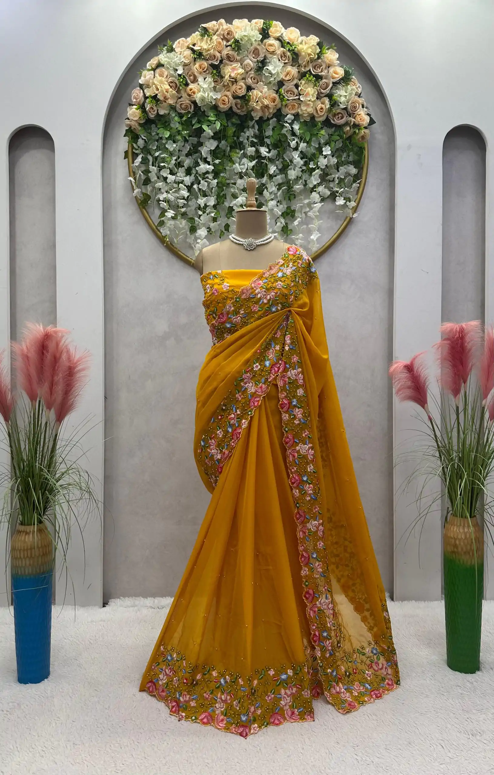Beautiful Yellow Color Tabby Silk Thread Sequence Work Saree