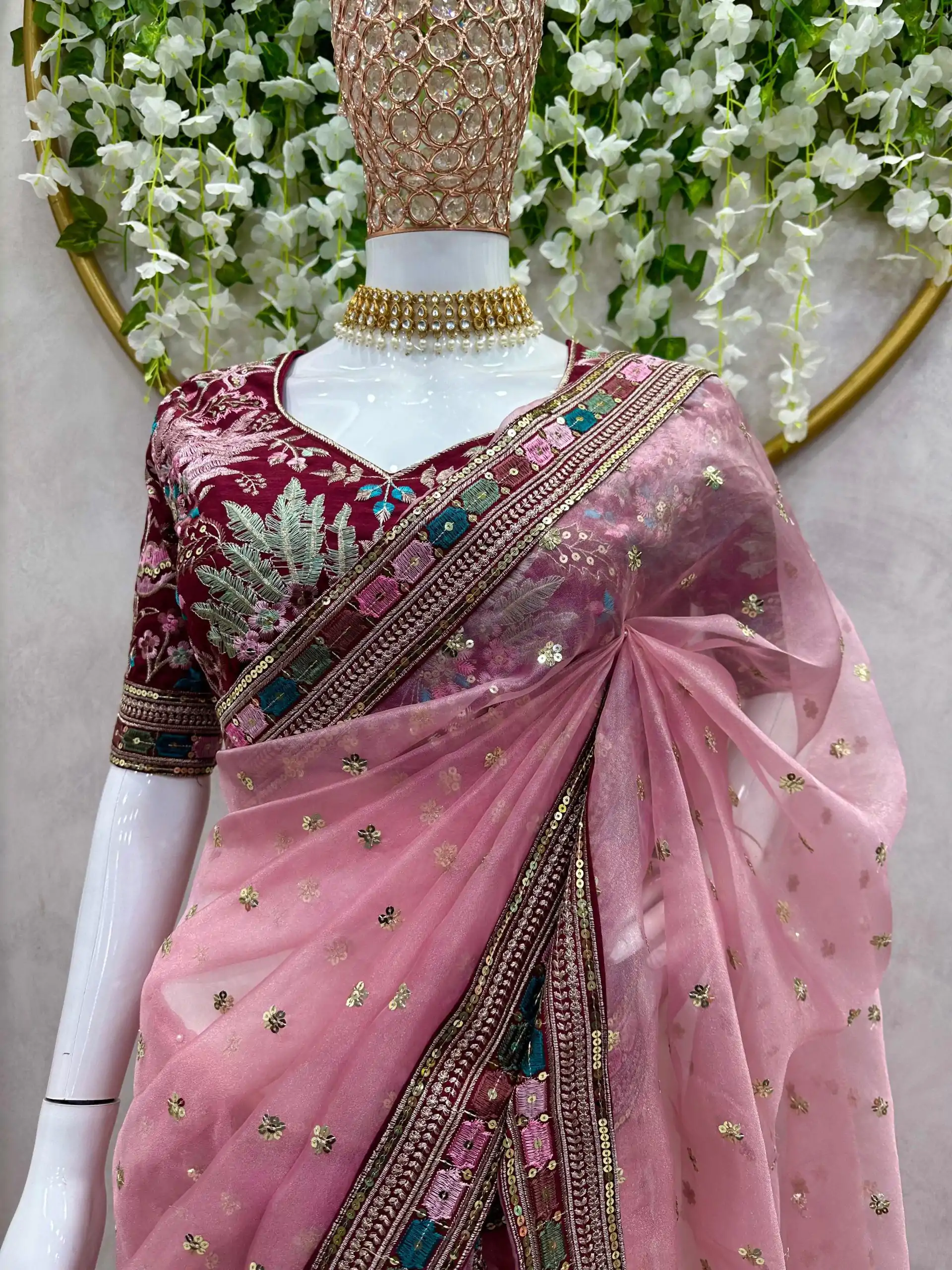 Classic Peach Color Organza Silk Thread Sequence Work Saree - Image 2