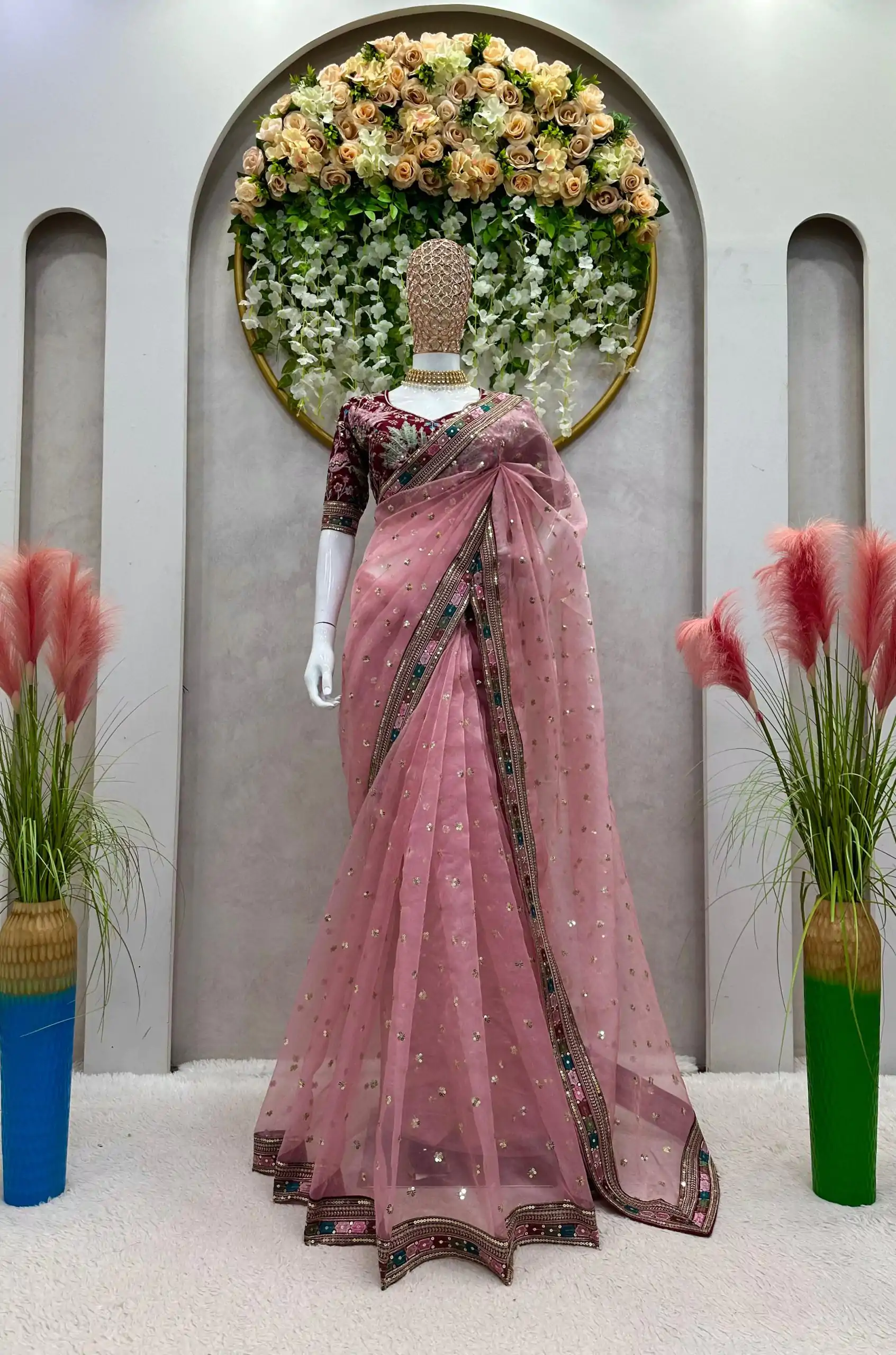 Classic Peach Color Organza Silk Thread Sequence Work Saree