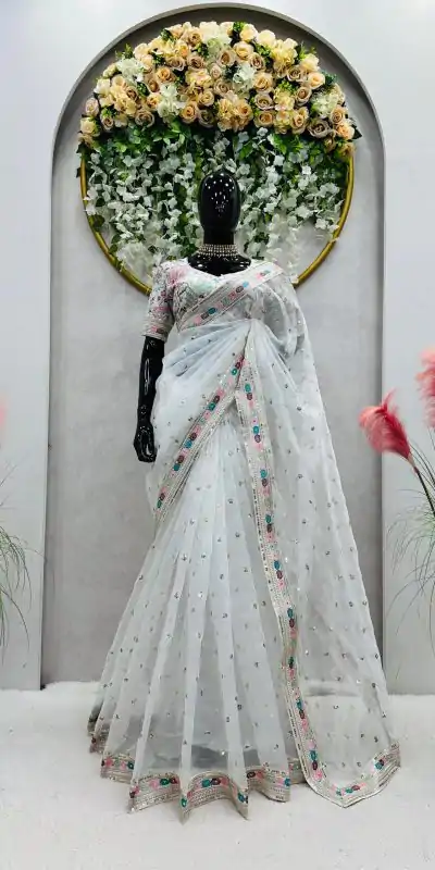 Classic White Color Organza Silk Thread Sequence Work Saree