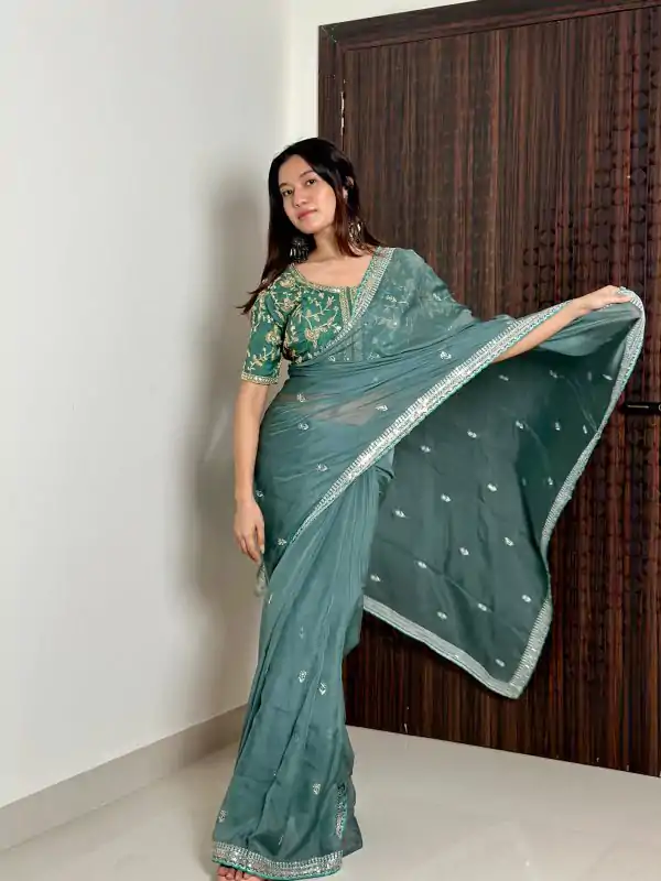 Dazzling Blue Color Pure Soft Organza Embroidery Zari Saree