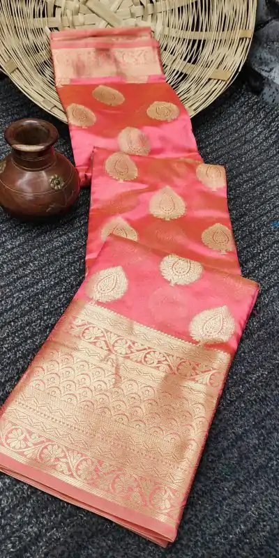 Dazzling Salmon Color Organza Silk Beautiful Gold Zari Saree
