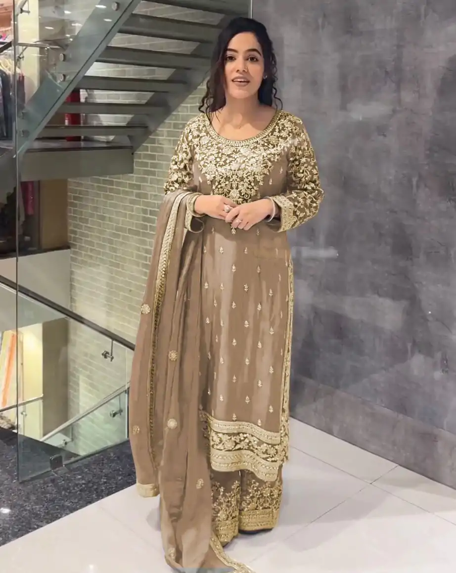 Elegant Cream Color Chinnon Silk Embroidery Sequence Salwar Suit