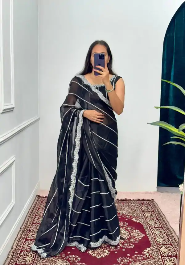 Fancy Black Color Burberry Blooming Embroidery Zari Saree