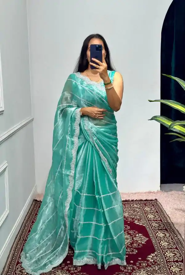 Fancy Light Blue Color Burberry Blooming Embroidery Zari Saree