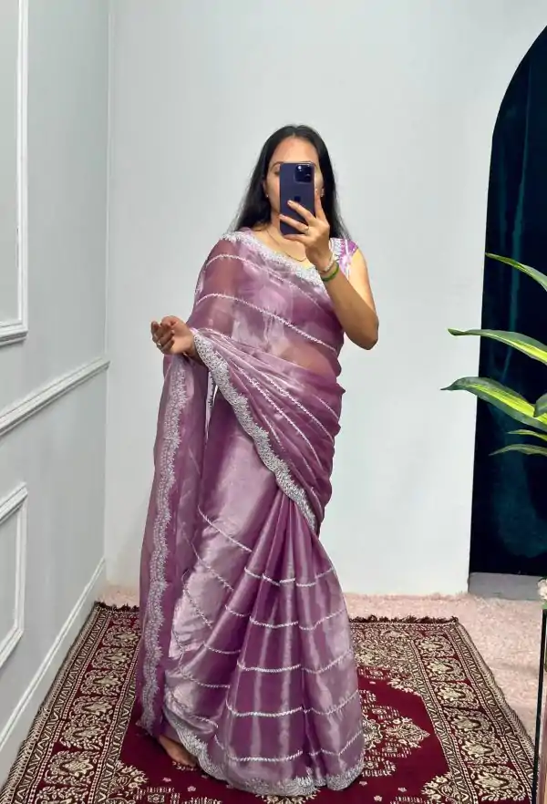 Fancy Light Purple Color Burberry Blooming Embroidery Zari Saree