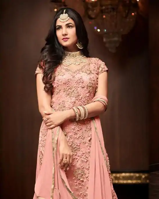 Fancy Peach Color Football Net Embroidery Sharara Suit - Image 2