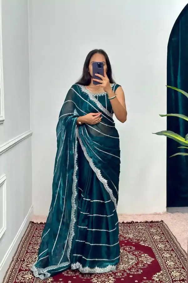 Fancy Peacock Blue Color Burbary Blooming Embroidery Saree
