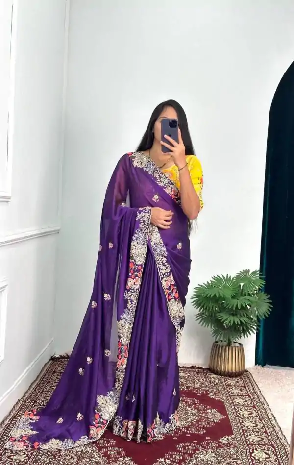 Fine Violet Color Blooming Rangoli Thread Embroidery Saree