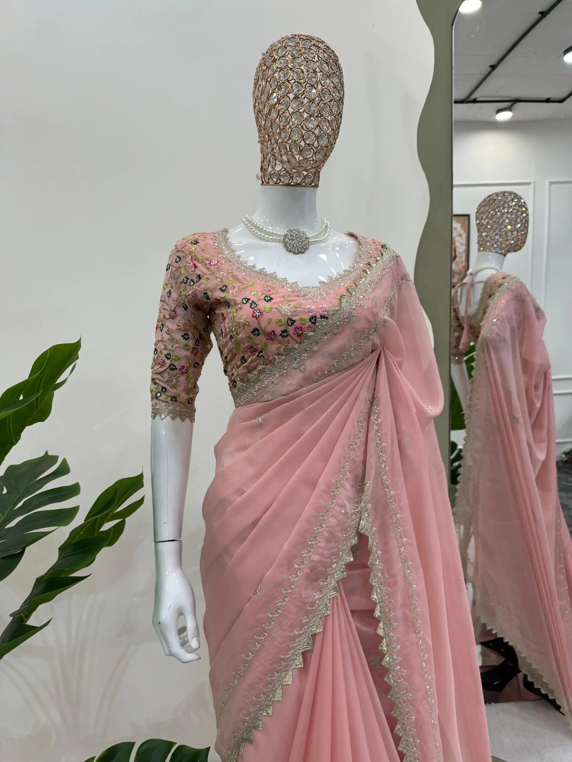 Glamorous Peach Color Tabby Silk Thread Sequence Salwar Suit - Image 2