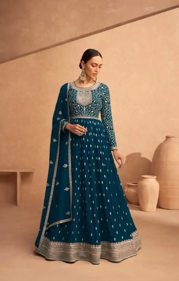 Graceful Blue Color Faux Georgette Embroidery Anarkali Suit