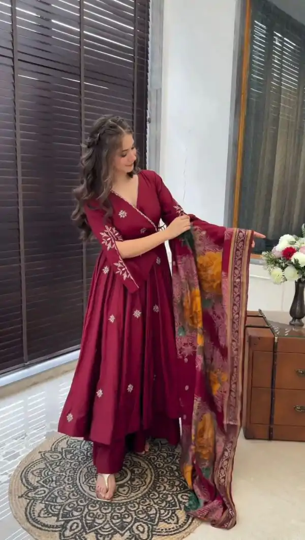 Grand Maroon Color Chinnon Silk Embroidery Work Salwar Suit