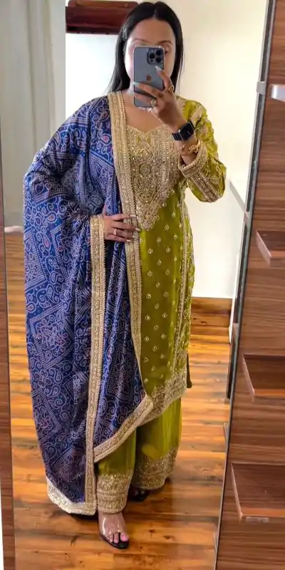 Grand Mehndi Chinnon Silk Embroidery Coding Dori Salwar Suit