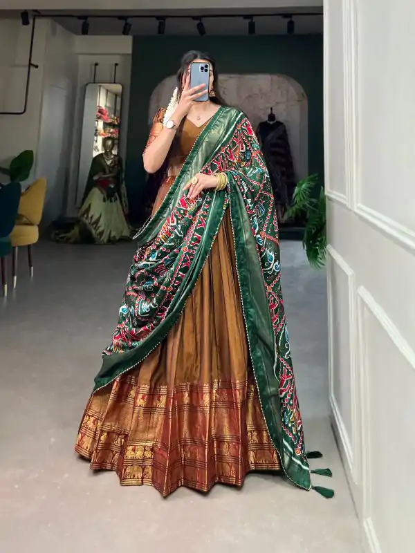 Grand Mustard Color Narayan Pet Zari Weaving Lehenga Choli