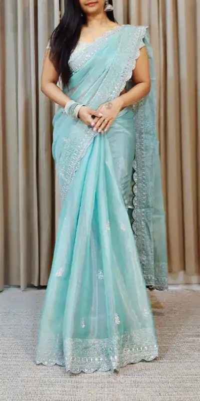 Luminous Blue Color Pure Soft Jimmy Choo Silk Embroidery Saree