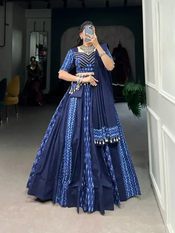 Majestic Blue Color Pure Cotton Floral Printed Lehenga Choli