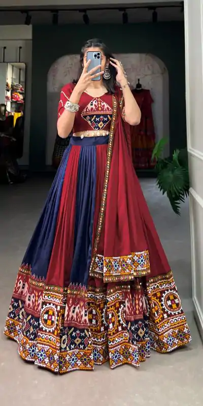 Majestic Navy Blue Color Rayon Printed Silk Work Lehenga Choli