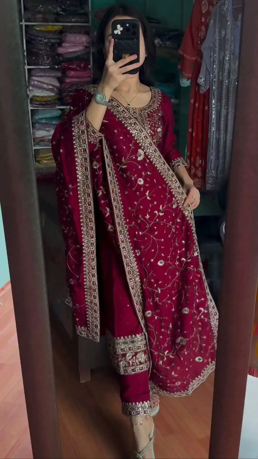 Majestic Red Color Chinon Silk Embroidery Work Sharara Suit - Image 3