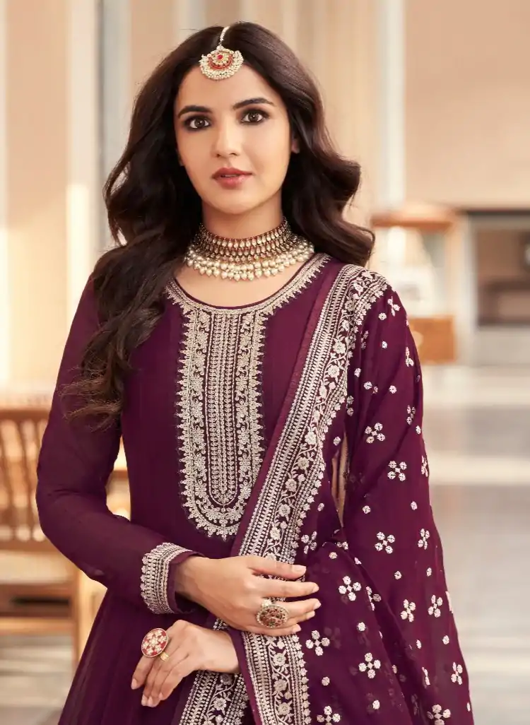 Majestic Wine Color Georgette Embroidery Salwar Suit - Image 2